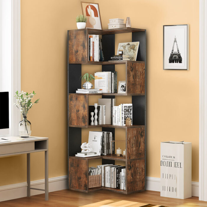 Micsunica Wood 5 Tiers Open Display Shelves Corner Etagere Bookcase - Chic Decora