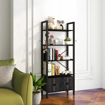 Mikhi 5 Tier Etagere Bookcase with 2 Storage Drawer, 20" Industrial Bookshelf for Home and Office