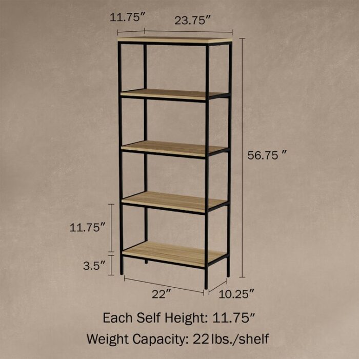 Nay 5-Tier Industrial Bookshelves with Steel Frame - Chic Decora