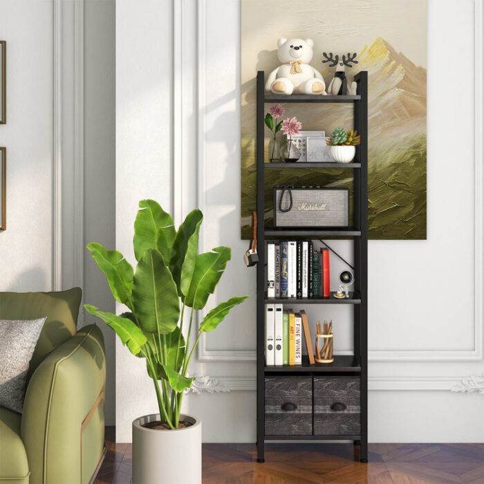 Nikyta 6 Tier Etagere Bookcase with 2 Storage Drawer, 20″ Industrial Bookshelf for Home and Office - Chic Decora