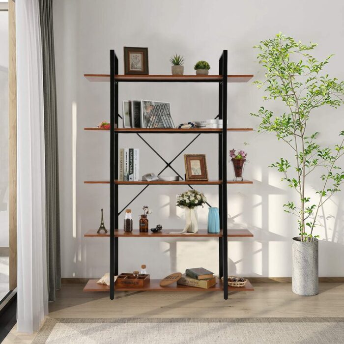 Sherlyn Bookshelves And Bookcases 5-shelf Etagere Bookcase, Industrial Open Display Shelves With Metal Frame - Chic Decora