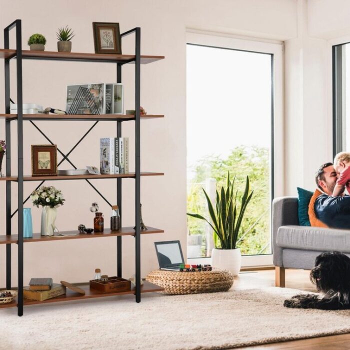 Sherlyn Bookshelves And Bookcases 5-shelf Etagere Bookcase, Industrial Open Display Shelves With Metal Frame - Chic Decora