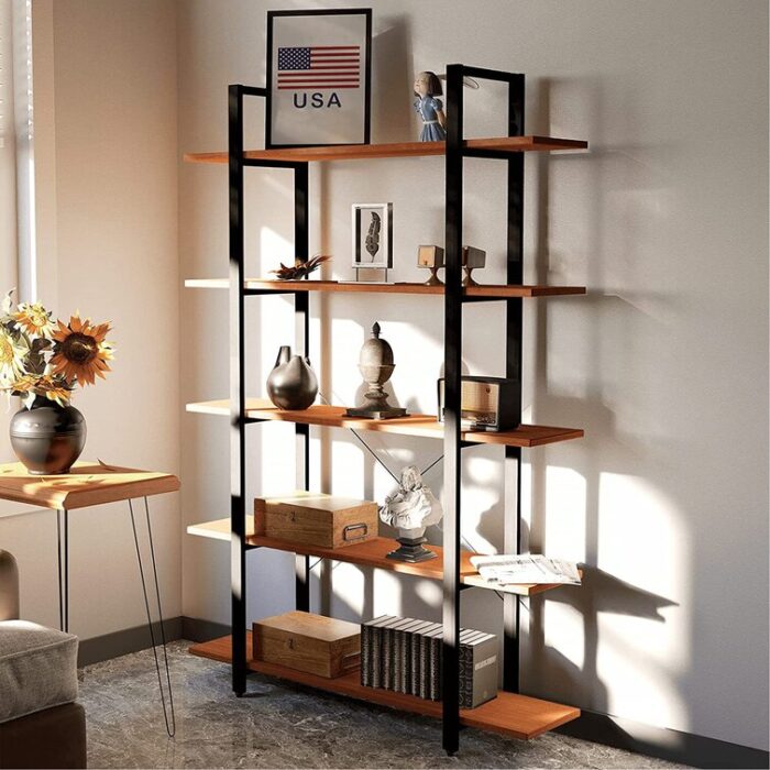 Sherlyn Bookshelves And Bookcases 5-shelf Etagere Bookcase, Industrial Open Display Shelves With Metal Frame - Chic Decora