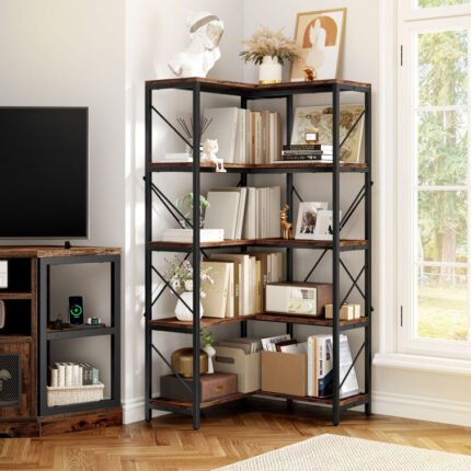 Sukanya 5 Tier Corner Bookcase, Large Display Rack Storage for Bedroom, Living Room - Chic Decora