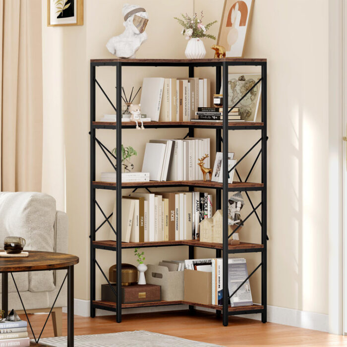 Sukanya 5 Tier Corner Bookcase, Large Display Rack Storage for Bedroom, Living Room - Chic Decora