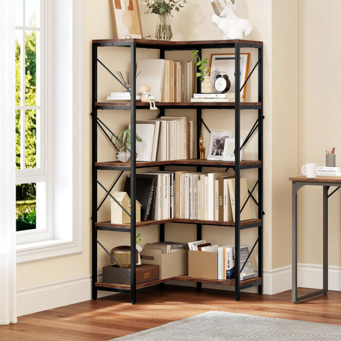 Sukanya 5 Tier Corner Bookcase, Large Display Rack Storage for Bedroom, Living Room - Chic Decora