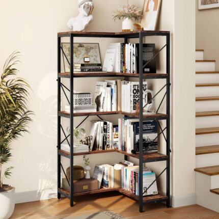 Sukanya 5 Tier Corner Bookcase, Large Display Rack Storage for Bedroom, Living Room - Chic Decora