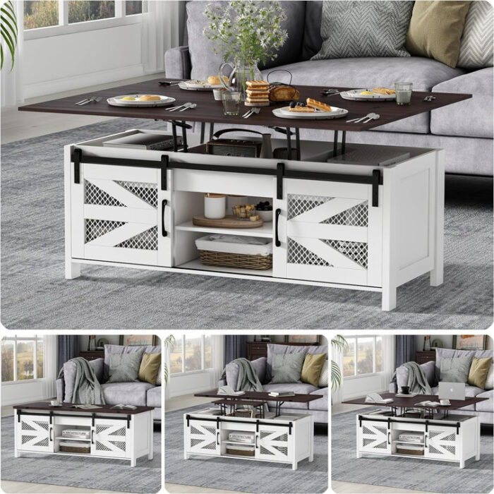 47.2″ Lift Top Coffee Table, 4 in 1 Farmhouse Coffee Tables for Dining Room, Living Room - Chic Decora