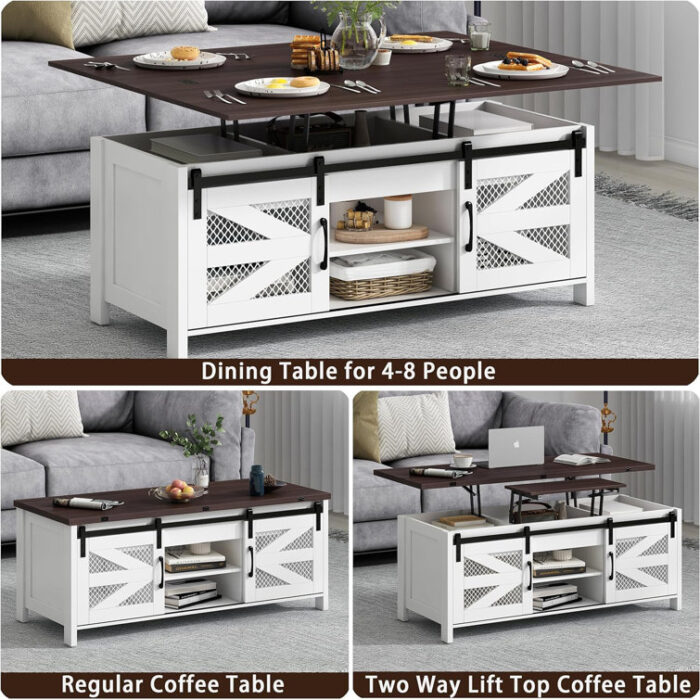 47.2″ Lift Top Coffee Table, 4 in 1 Farmhouse Coffee Tables for Dining Room, Living Room - Chic Decora