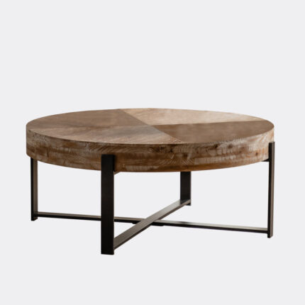 Adisynne Retro Splicing Round Coffee Table with Fir Wood Table Top and Cross Legs Base - Chic Decora