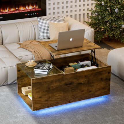 Ajhani Lift Top Coffee Table with LED Lights & Charging Station - Chic Decora