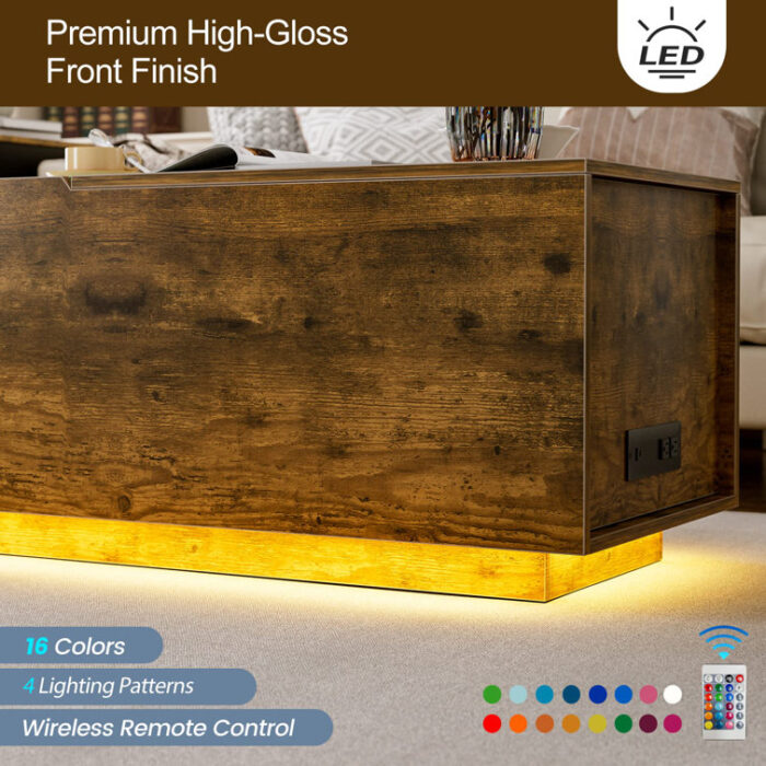 Ajhani Lift Top Coffee Table with LED Lights & Charging Station - Chic Decora