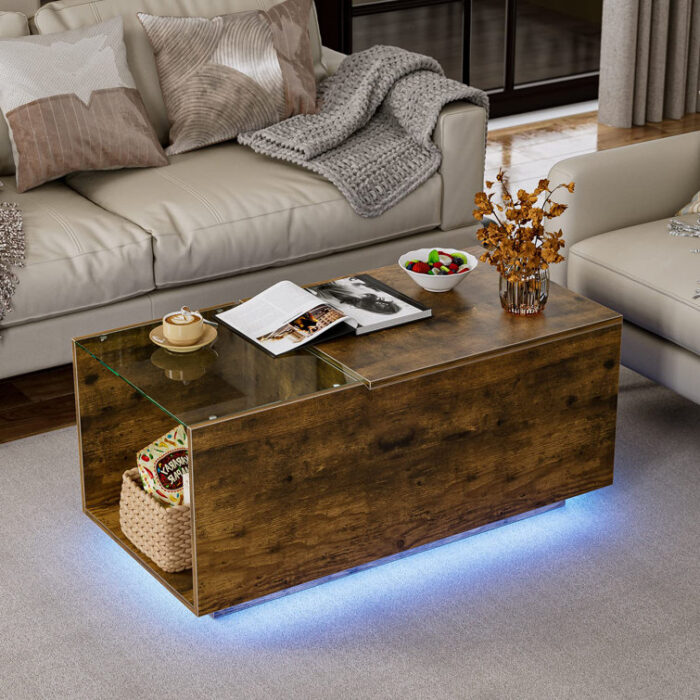 Ajhani Lift Top Coffee Table with LED Lights & Charging Station - Chic Decora