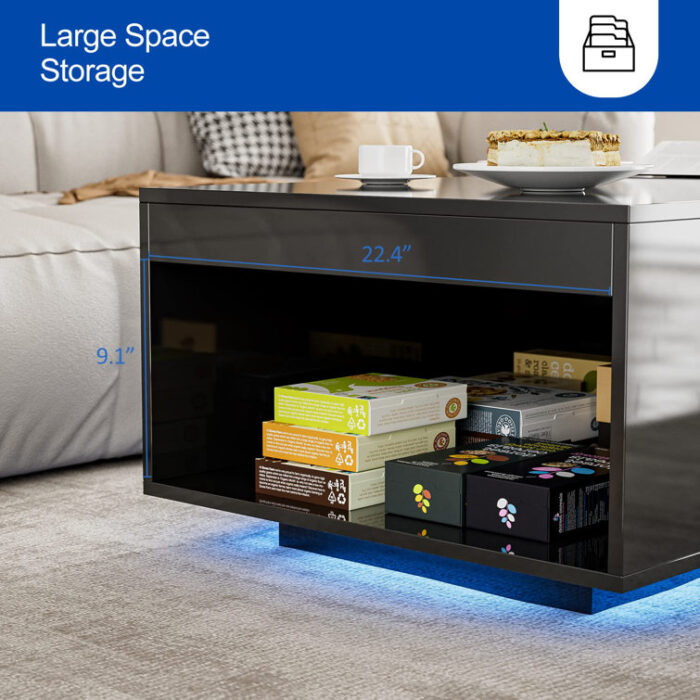 Ajhani Modern High Glossy Coffee Table with Glass Design and Open Storage Cabinets - Chic Decora