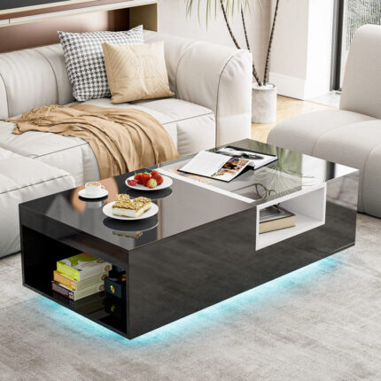 Ajhani Modern High Glossy Coffee Table with Glass Design and Open Storage Cabinets - Chic Decora