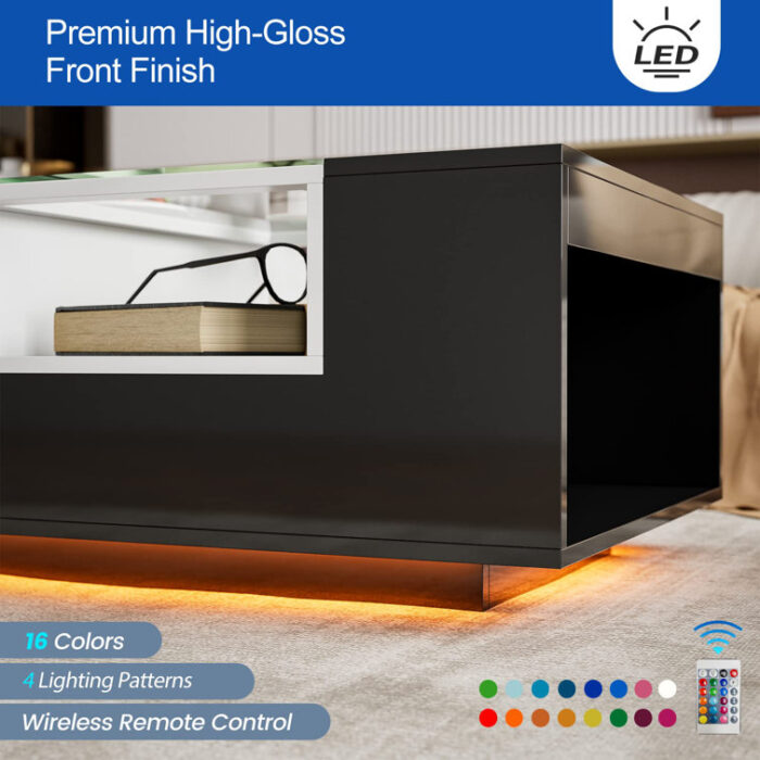 Ajhani Modern High Glossy Coffee Table with Glass Design and Open Storage Cabinets - Chic Decora