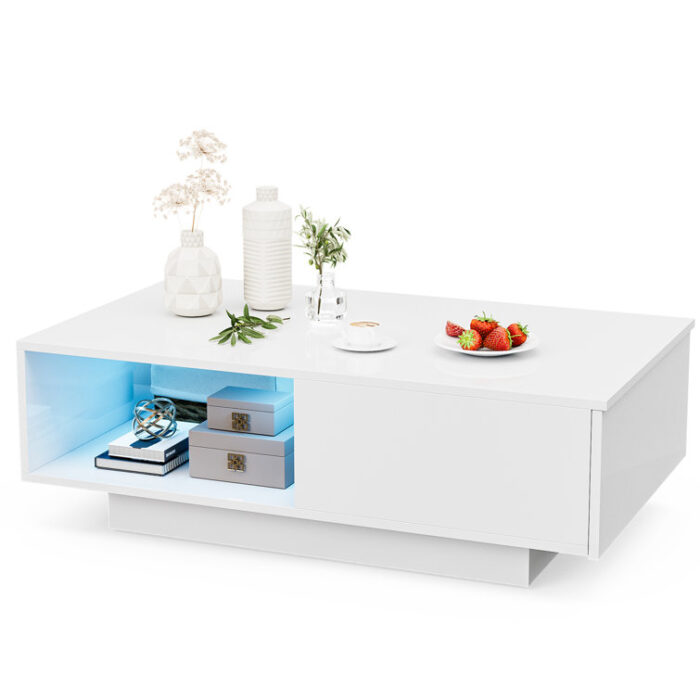 Ajhani Modern LED Coffee Table with a Drawer, High Gloss with 16 Colors LED Lights - Chic Decora