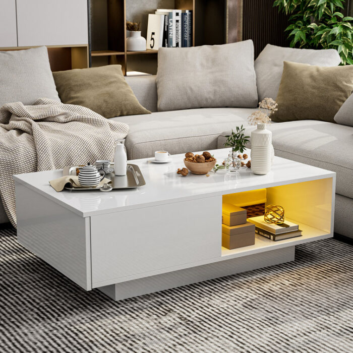 Ajhani Modern LED Coffee Table with a Drawer, High Gloss with 16 Colors LED Lights - Chic Decora