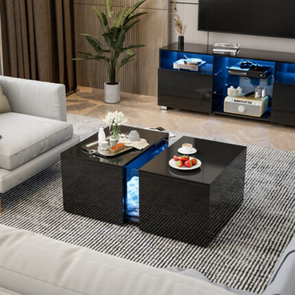 Ajhani Small Led Coffee Table With Retractable Hidden Compartment - Chic Decora