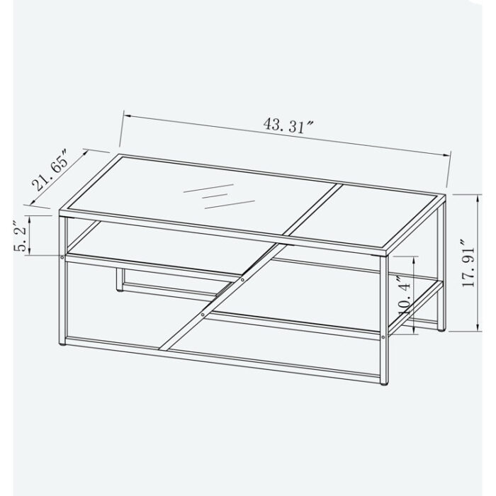 Alekya Modern Glass Coffee Table with Metal Frame, Living Room Table with Storage Shelf - Chic Decora