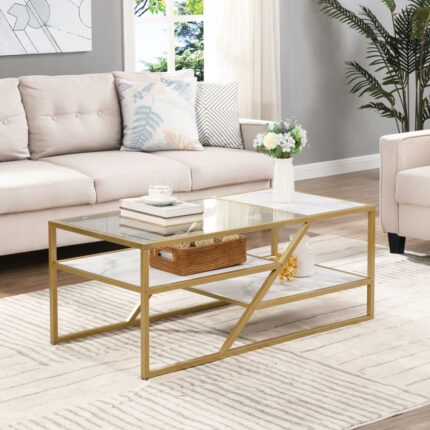 Alekya Modern Glass Coffee Table with Metal Frame, Living Room Table with Storage Shelf - Chic Decora