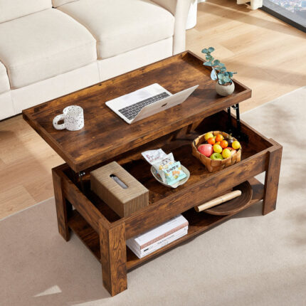 Arrik Minimalist Lift Top Coffee Table w/ Hidden Storage Compartment & Open Shelves - Chic Decora