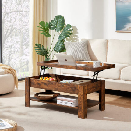 Arrik Minimalist Lift Top Coffee Table w/ Hidden Storage Compartment & Open Shelves - Chic Decora