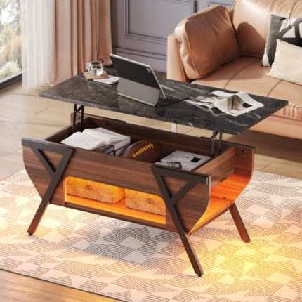 Benigno Lift Top Coffee Table With Hidden Storage, Faux Mable Coffee Table With LED Light - Chic Decora