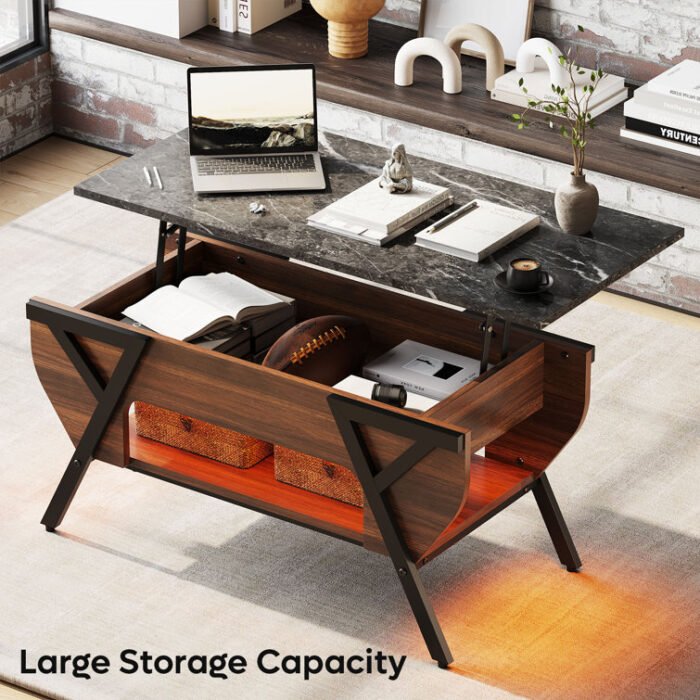 Benigno Lift Top Coffee Table With Hidden Storage, Faux Mable Coffee Table With LED Light - Chic Decora