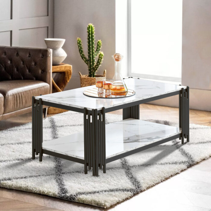 Coffee Table With Storage Shelf Faux Marbling And Metal TV Stand Side End Table - Chic Decora