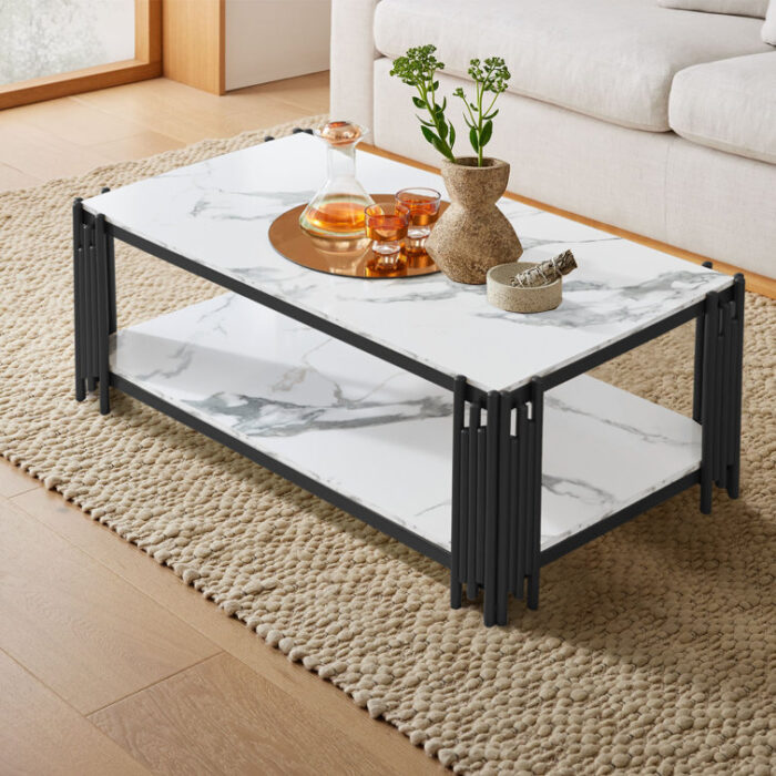 Coffee Table With Storage Shelf Faux Marbling And Metal TV Stand Side End Table - Chic Decora