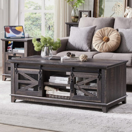 Farmhouse 48″ Coffee Table with Sliding Barn Door and Adjustable Shelf - Chic Decora