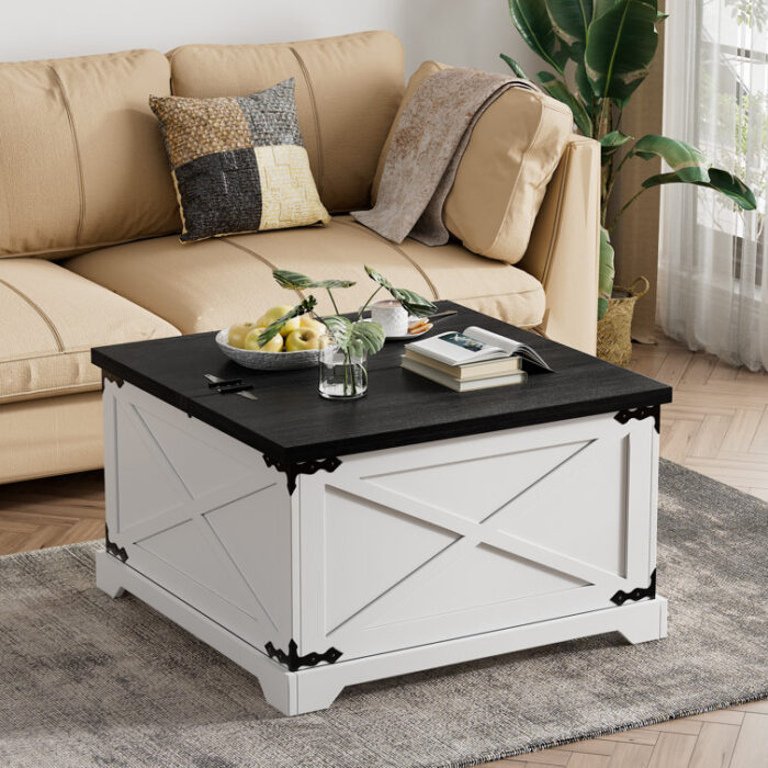 Farmhouse Storage Coffee Table with Hinged Lift Top for Living Room and Hidden Storage Bags - Chic Decora