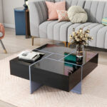 Hiedi Sled Coffee Table with Storage,Square Cocktail Table with Extendable Sliding Tabletop - Chic Decora