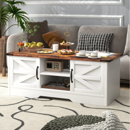 Holtman Coffee Table with Barn Doors, Farmhouse Center Table with Storage - Chic Decora