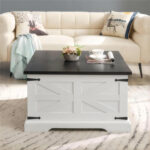 Itchington Farmhouse Barn Door Lift Top Coffee Table, Wood Square Center Table with Hidden Storage - Chic Decora