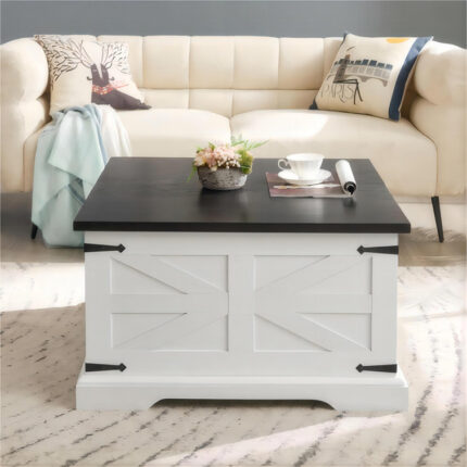 Itchington Farmhouse Barn Door Lift Top Coffee Table, Wood Square Center Table with Hidden Storage - Chic Decora