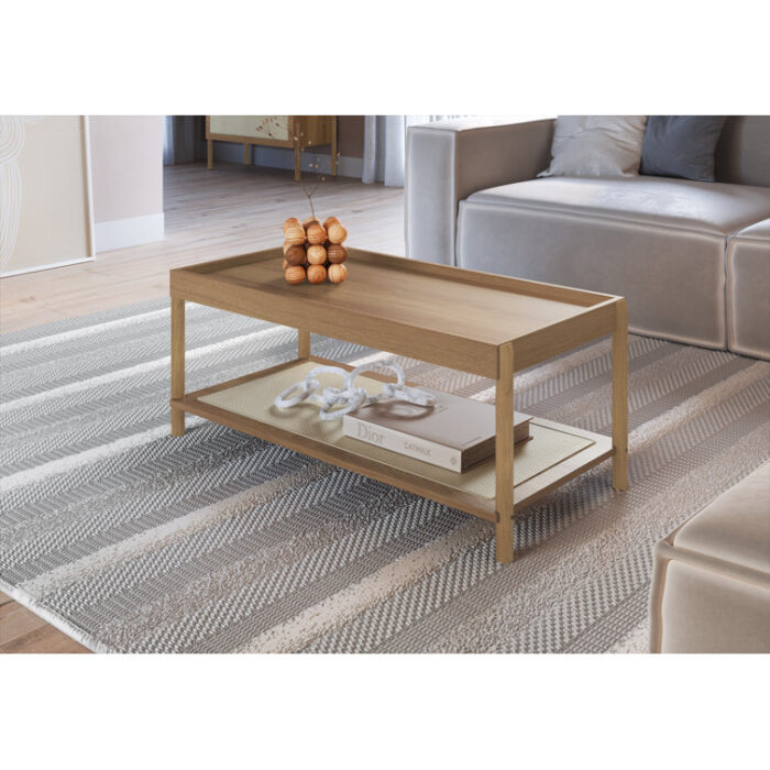 Jaccob Coffee Table Wood Legs Rattan Shelf Storage - Chic Decora