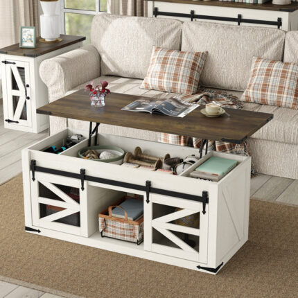 Jaquavion 47.3′ Lift Top Coffee Tableï¼ŒFarmhouse Coffee Table with Sliding Barn Door and Cabinet - Chic Decora