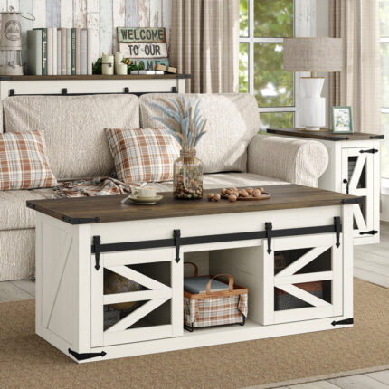 Jaquavion 47.3′ Lift Top Coffee Tableï¼ŒFarmhouse Coffee Table with Sliding Barn Door and Cabinet - Chic Decora