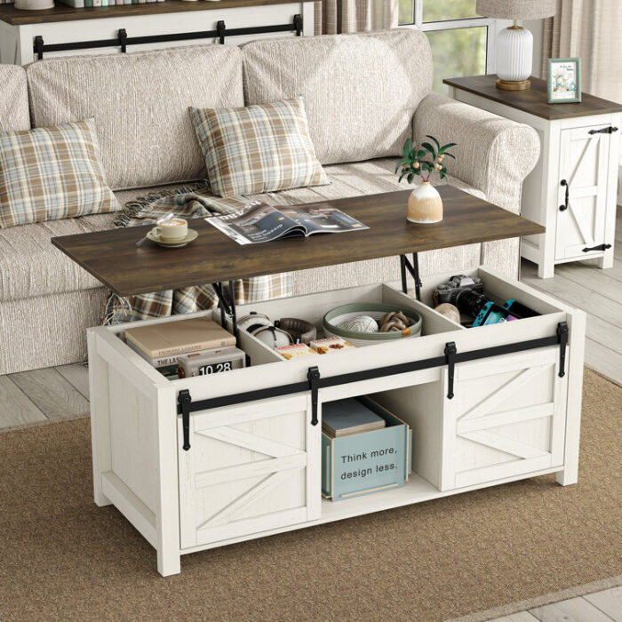 Jaquavion Farmhouse Lift Top Coffee Table with Hidden Storage and Sliding Barn Door - Chic Decora