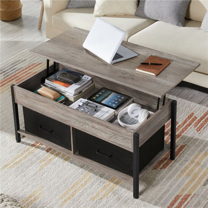 Jarissa Lift Top Coffee Table with Hidden Compartment & 2 Fabric Storage Baskets - Chic Decora