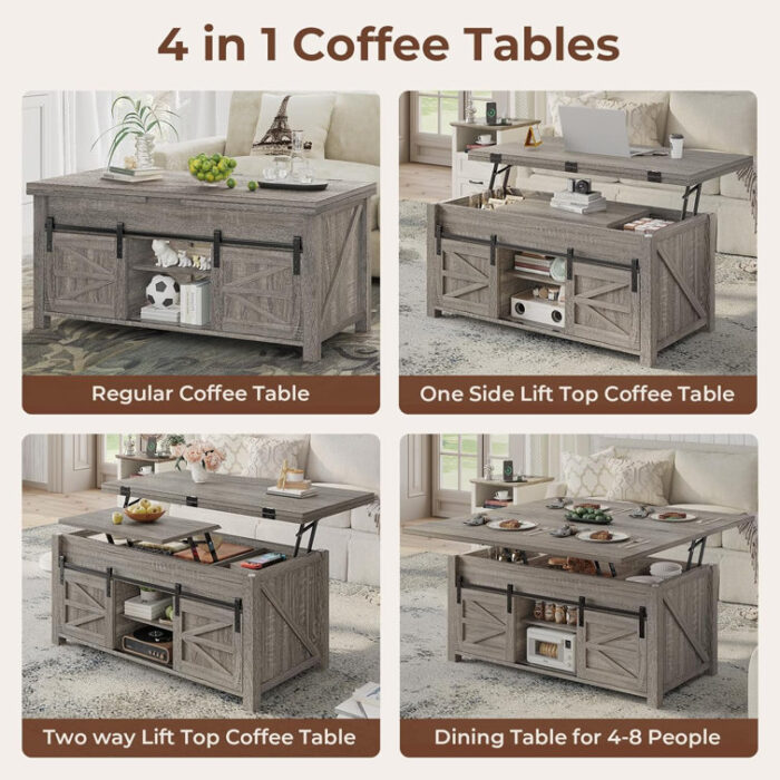 Jode Lift Top Coffee Table for Living Room with 4 Sliding Barn Doors - Chic Decora