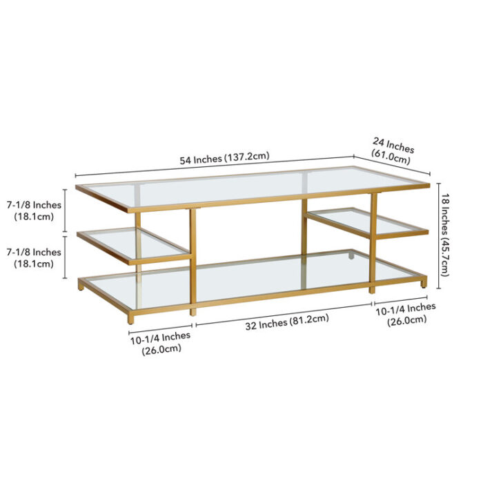 Kajaun 54″ Glass And Steel Coffee Table With Three Shelves - Chic Decora