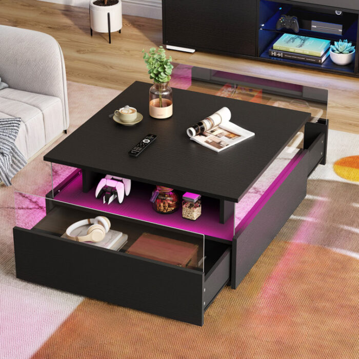 Kearan Pedestal LED Coffee Table with Transparent Dustproof Shelf Storage for Living Room - Chic Decora