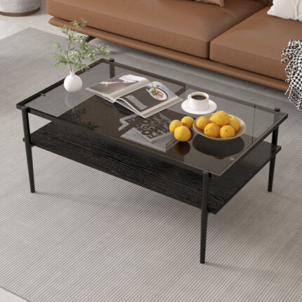 Kenneshia Coffee Table, Glass and Wood Coffee Table for Living Room - Chic Decora