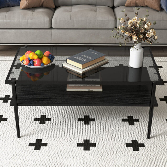 Kenneshia Coffee Table, Glass and Wood Coffee Table for Living Room - Chic Decora