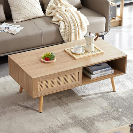 Kirsti Rattan Coffee Table, Mid Century Side Table, Accent Table, Sliding Woven Door & Solid Wood Legs - Chic Decora