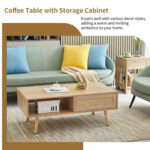 Kirsti Rattan Coffee Table, Mid Century Side Table, Accent Table, Sliding Woven Door & Solid Wood Legs - Chic Decora