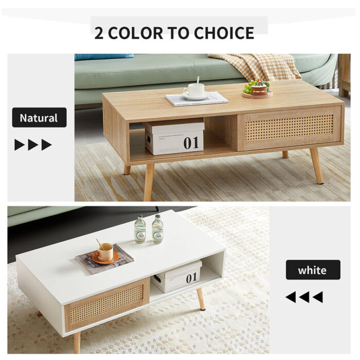 Kirsti Rattan Coffee Table, Mid Century Side Table, Accent Table, Sliding Woven Door & Solid Wood Legs - Chic Decora